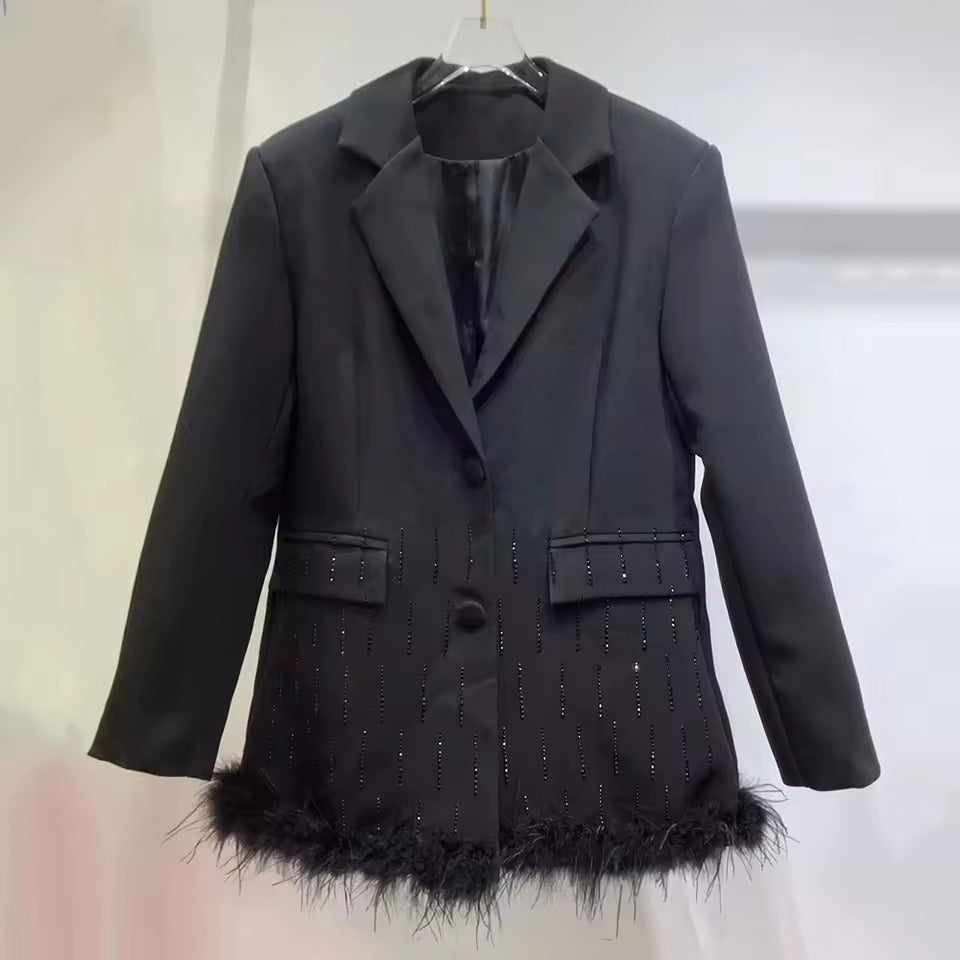 Chic Notched Collar Long Sleeve Solid Patchwork Feather Blazer