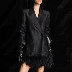 Chic Notched Collar Long Sleeve Solid Patchwork Feather Blazer