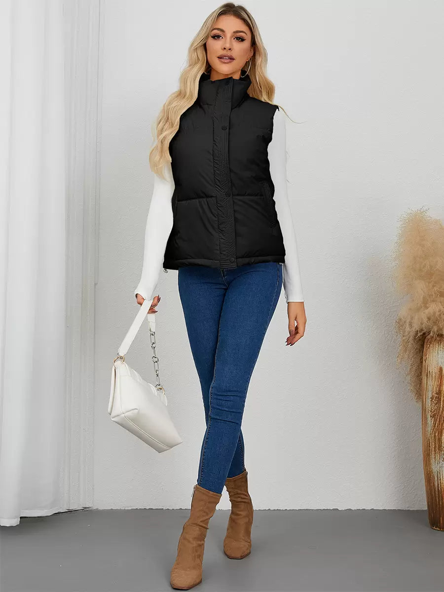 Chic Stand Collar Buttons Sleeveless Polyester Street Wear Jacket