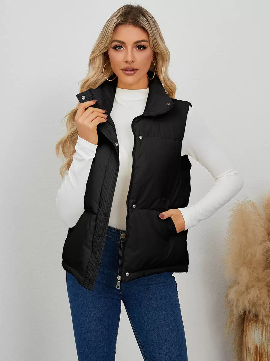 Chic Stand Collar Buttons Sleeveless Polyester Street Wear Jacket
