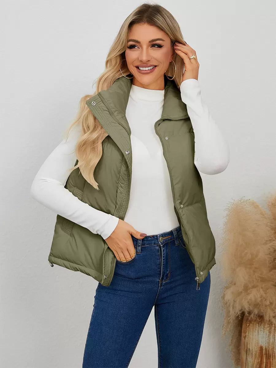 Chic Stand Collar Buttons Sleeveless Polyester Street Wear Jacket