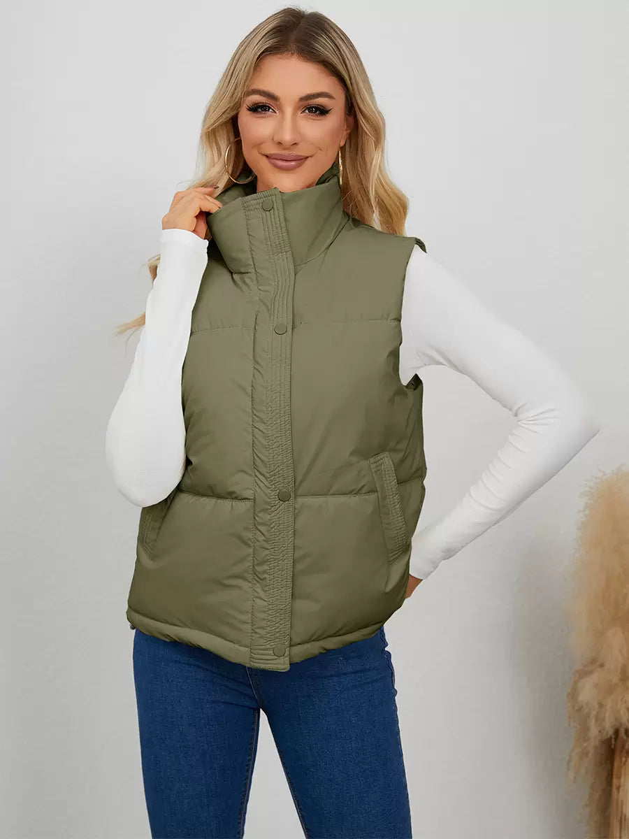Chic Stand Collar Buttons Sleeveless Polyester Street Wear Jacket