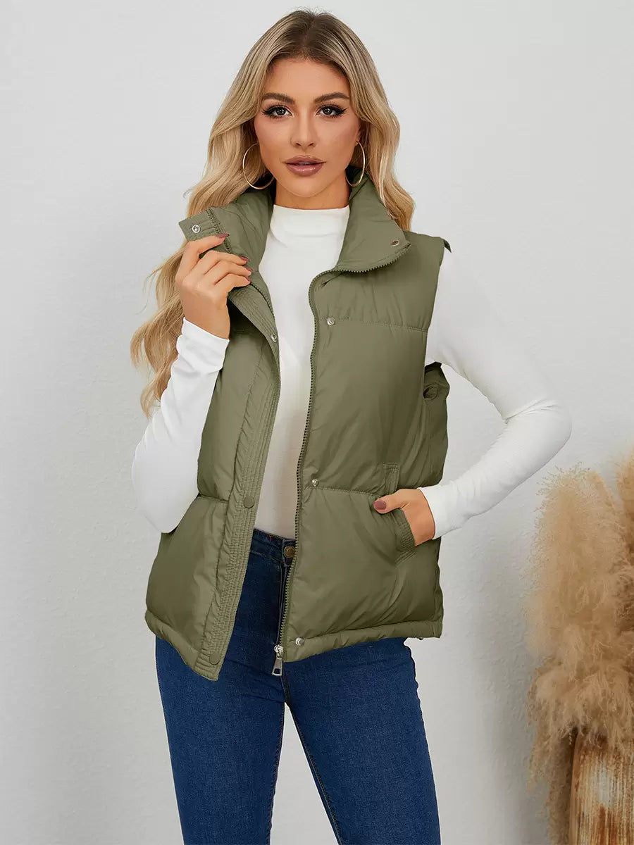 Chic Stand Collar Buttons Sleeveless Polyester Street Wear Jacket