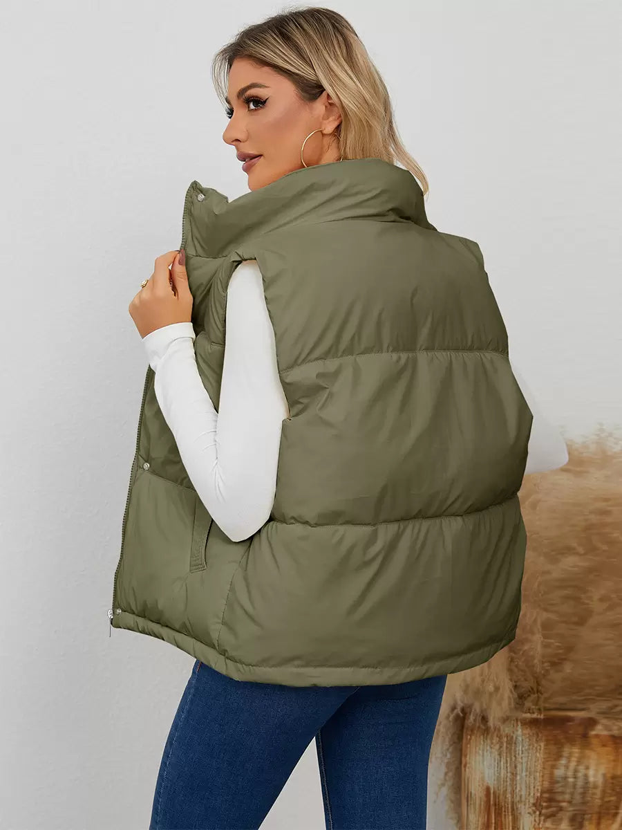Chic Stand Collar Buttons Sleeveless Polyester Street Wear Jacket