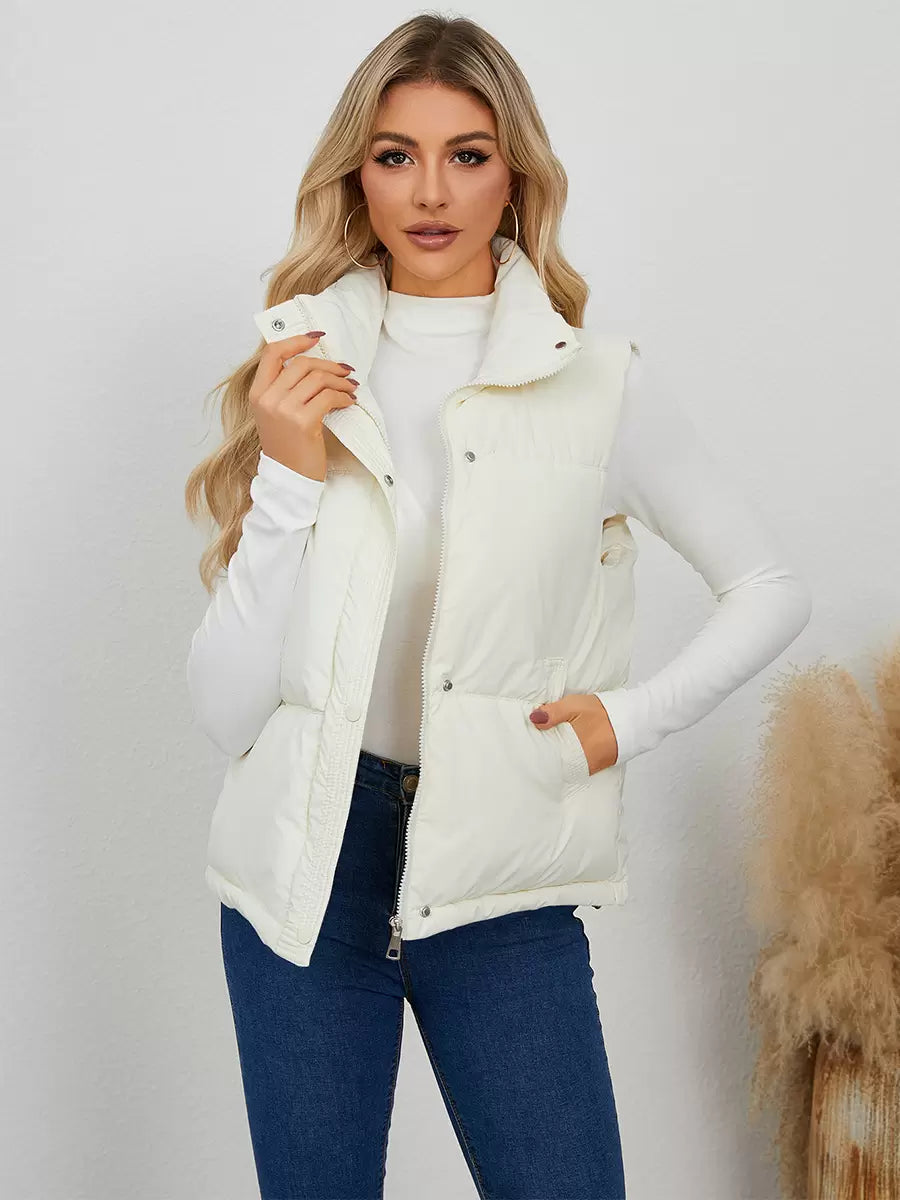 Chic Stand Collar Buttons Sleeveless Polyester Street Wear Jacket