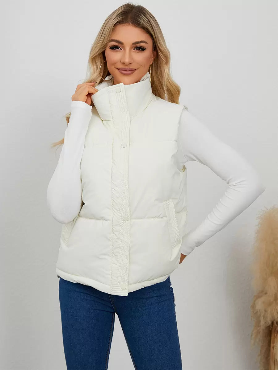 Chic Stand Collar Buttons Sleeveless Polyester Street Wear Jacket