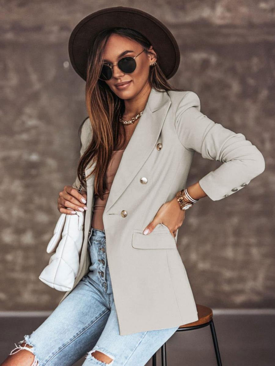 Chic Turndown Collar Double Breasted Slim Fit Blazer
