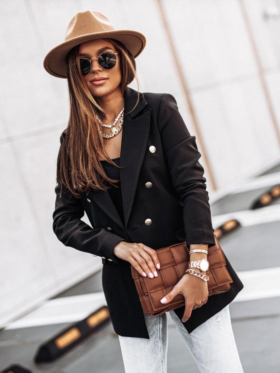 Chic Turndown Collar Double Breasted Slim Fit Blazer