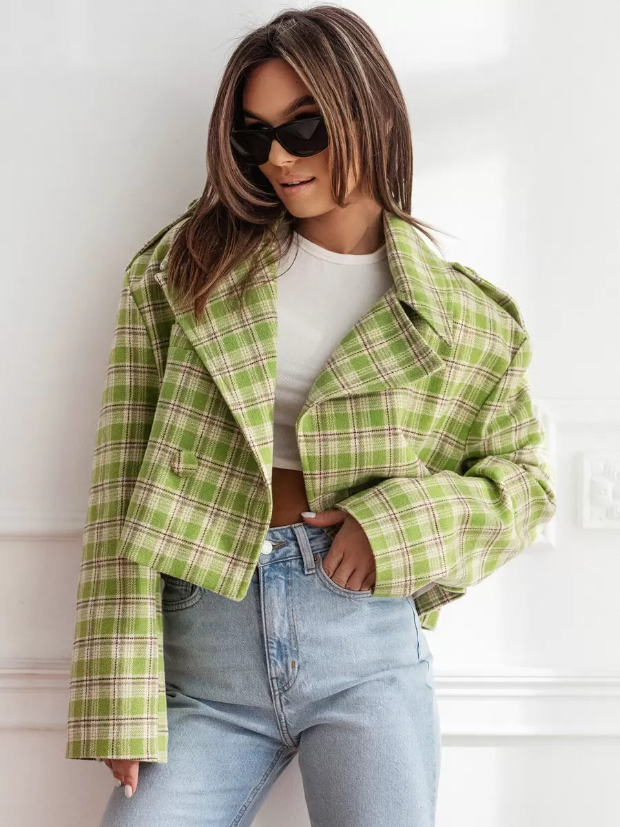 Chic Turndown Collar Plaid Raised Long Sleeves Elegant And Vintage Jacket