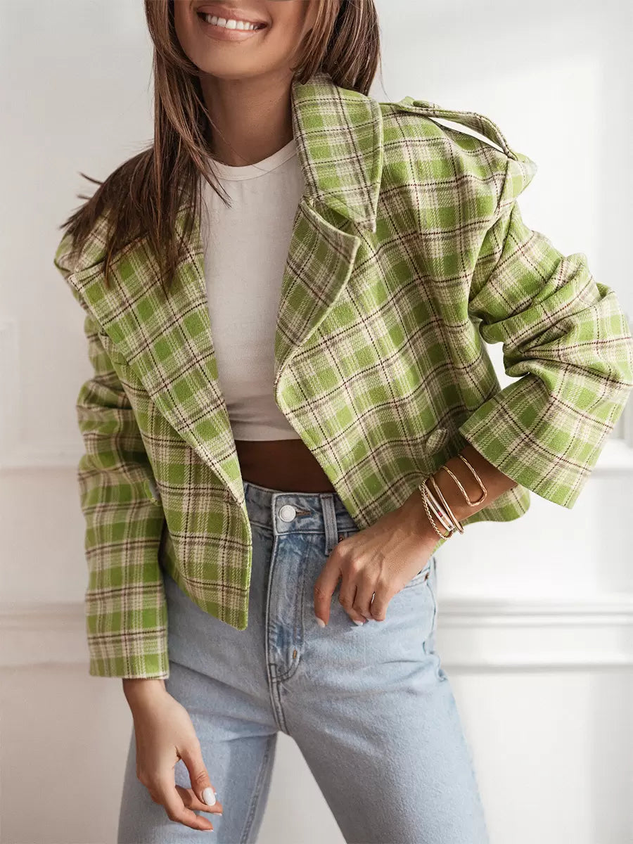 Chic Turndown Collar Plaid Raised Long Sleeves Elegant And Vintage Jacket