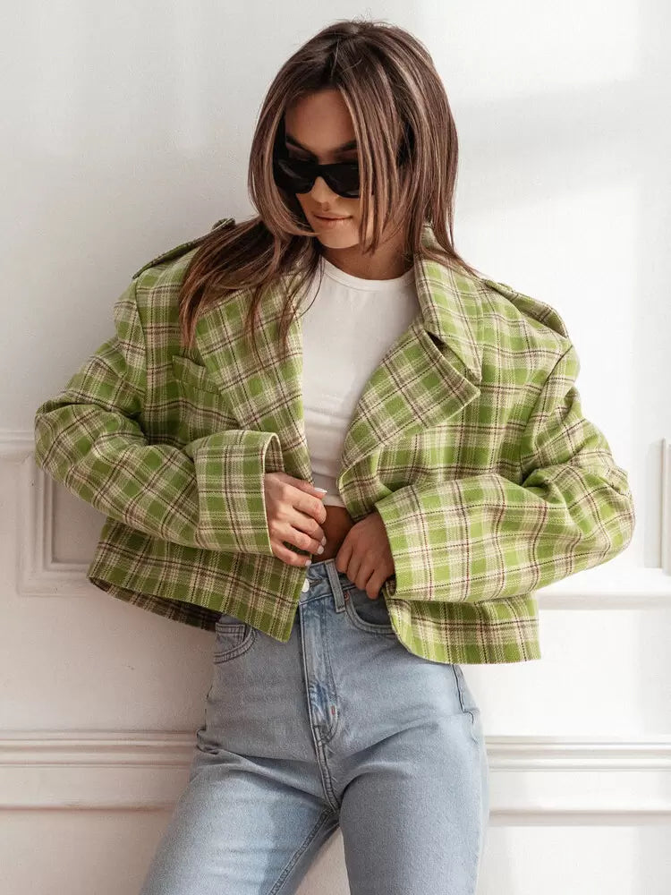 Chic Turndown Collar Plaid Raised Long Sleeves Elegant And Vintage Jacket