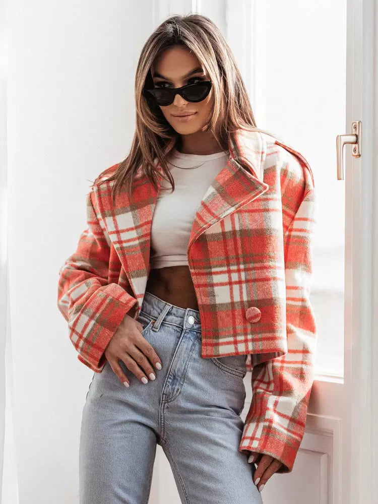 Chic Turndown Collar Plaid Raised Long Sleeves Elegant And Vintage Jacket