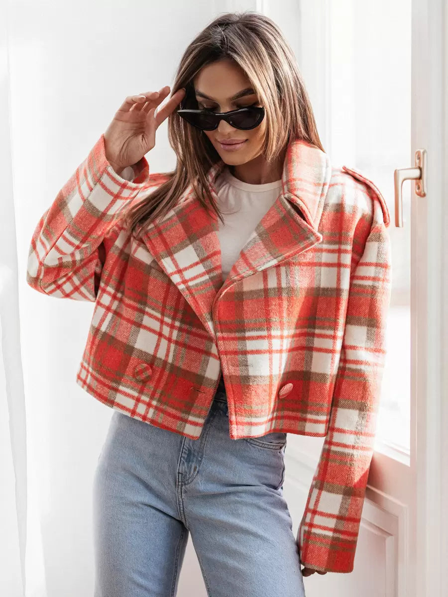 Chic Turndown Collar Plaid Raised Long Sleeves Elegant And Vintage Jacket