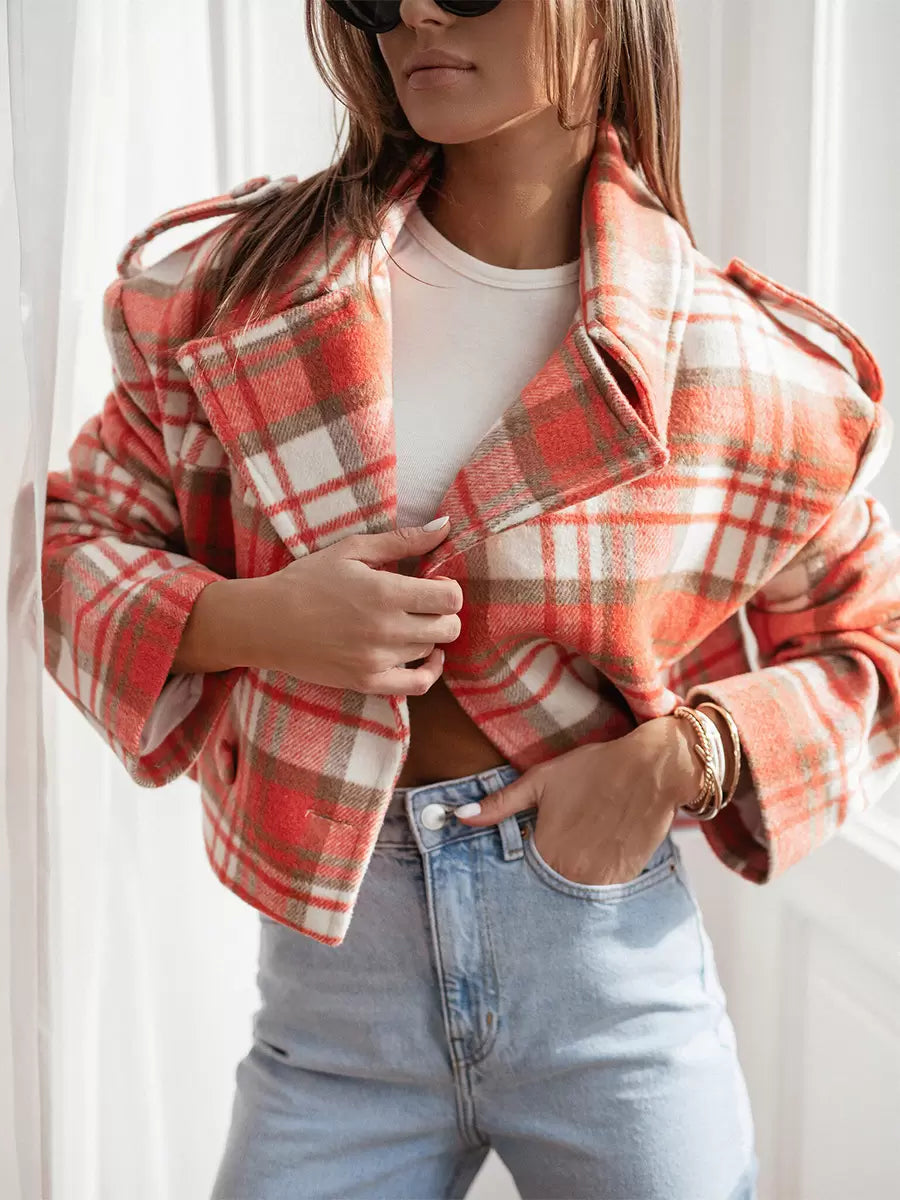 Chic Turndown Collar Plaid Raised Long Sleeves Elegant And Vintage Jacket