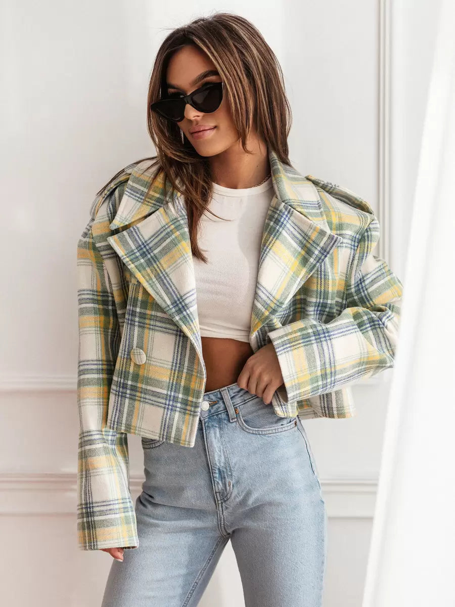 Chic Turndown Collar Plaid Raised Long Sleeves Elegant And Vintage Jacket