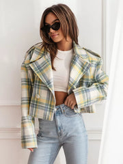 Chic Turndown Collar Plaid Raised Long Sleeves Elegant And Vintage Jacket
