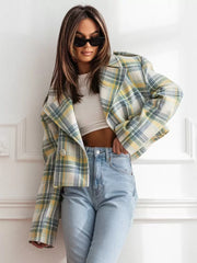 Chic Turndown Collar Plaid Raised Long Sleeves Elegant And Vintage Jacket