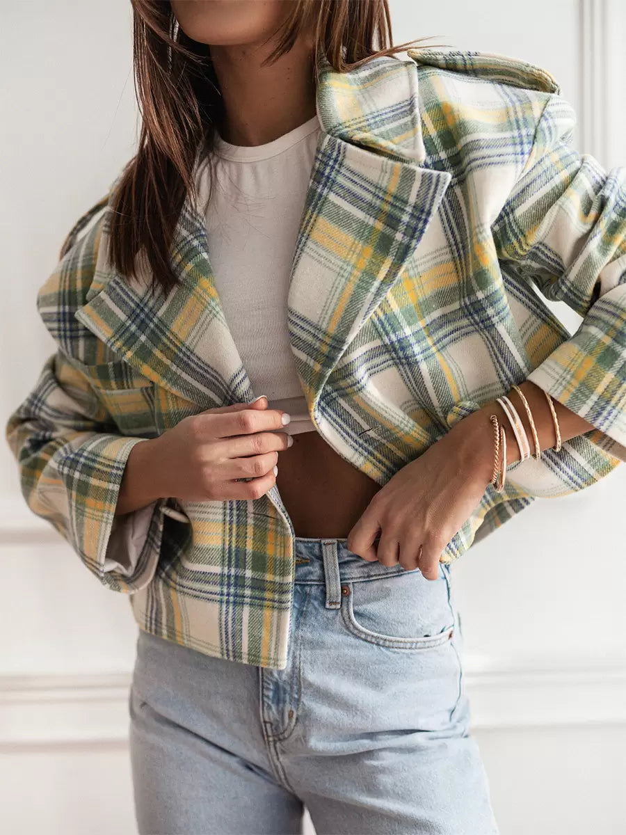 Chic Turndown Collar Plaid Raised Long Sleeves Elegant And Vintage Jacket