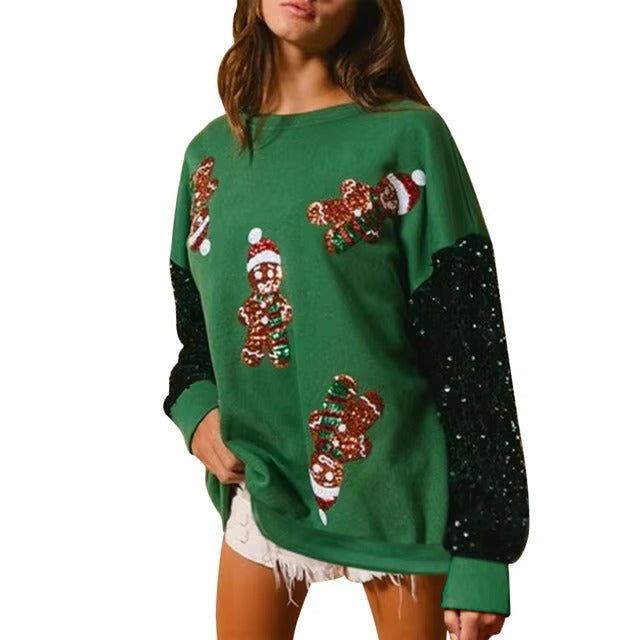 Christmas Glitter Sequined Patchwork Round Neck Loose Hoodie