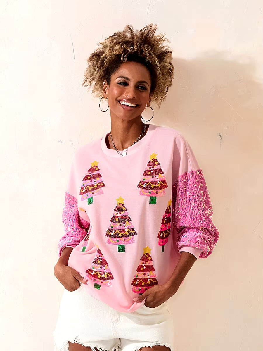 Christmas Glitter Sequined Patchwork Round Neck Loose Hoodie