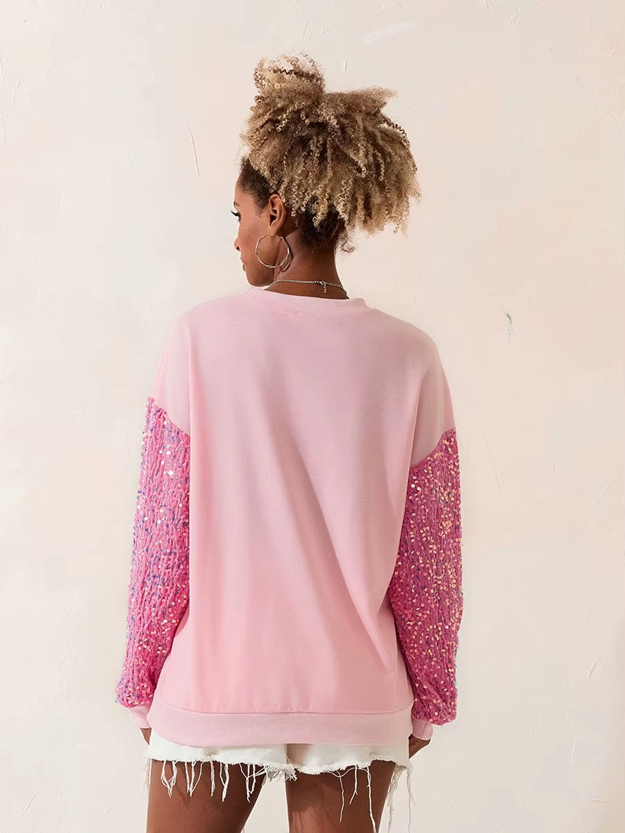 Christmas Glitter Sequined Patchwork Round Neck Loose Hoodie