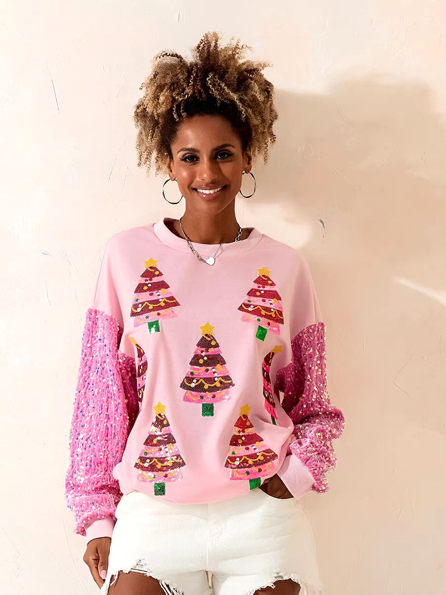 Christmas Glitter Sequined Patchwork Round Neck Loose Hoodie