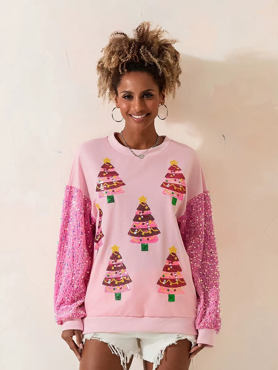 Christmas Glitter Sequined Patchwork Round Neck Loose Hoodie
