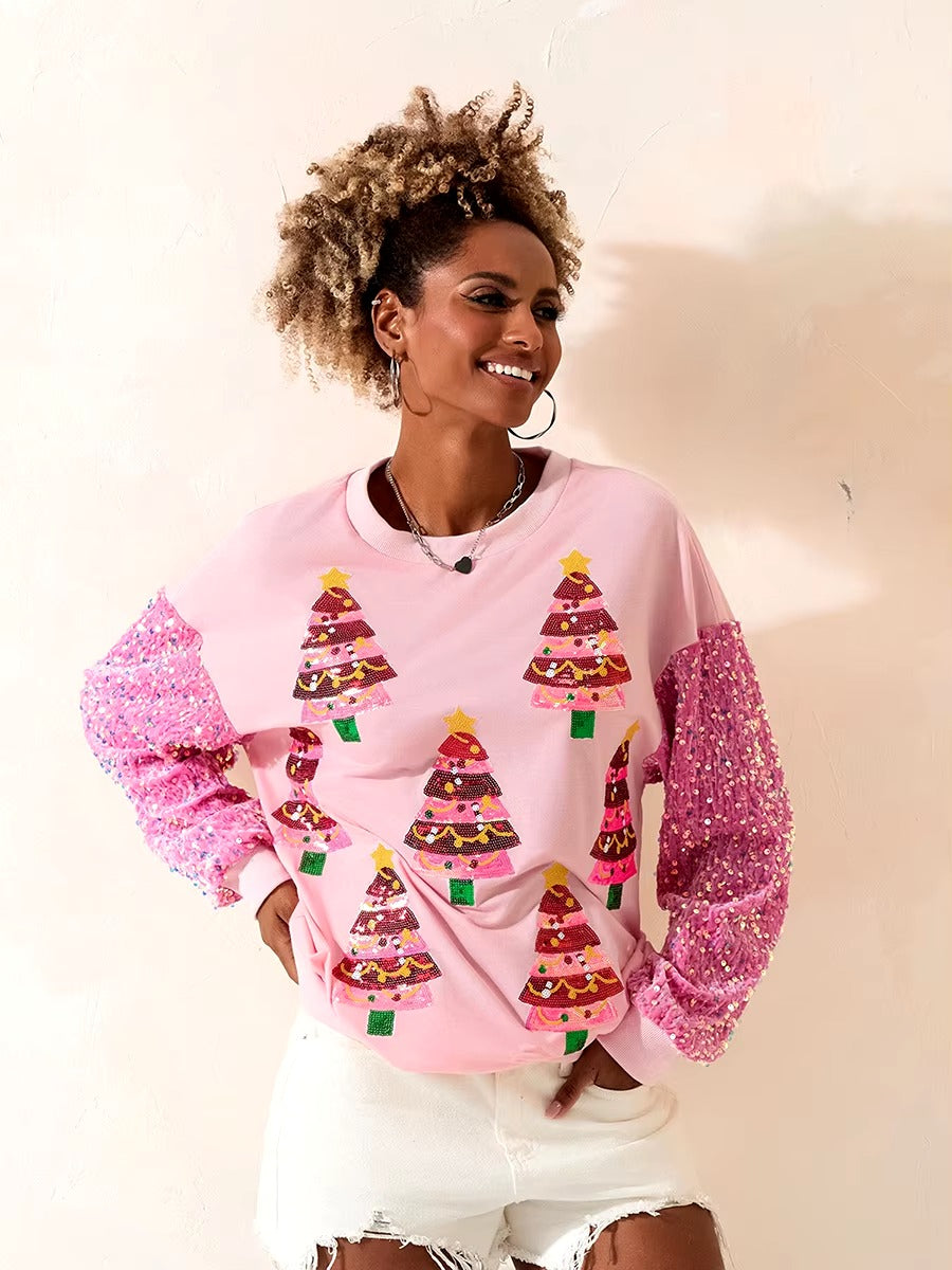 Christmas Glitter Sequined Patchwork Round Neck Loose Hoodie