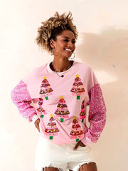 Christmas Glitter Sequined Patchwork Round Neck Loose Hoodie
