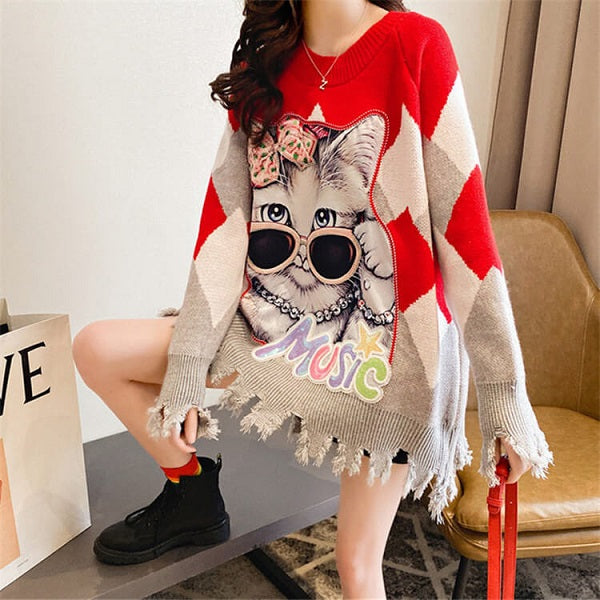 Christmas Loose Color Blocking Long Sleeve Knitwear