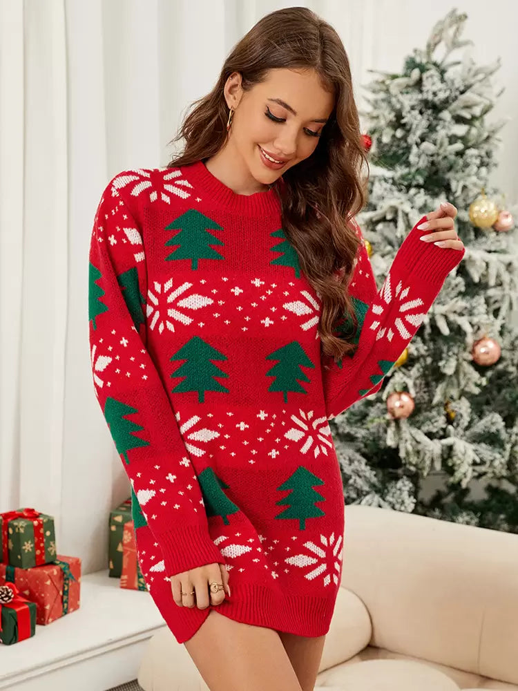 Christmas Pattern Jewel Neck Long Sleeves Knitted Sweaters