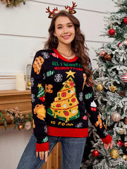 Christmas Pattern Jewel Neck Long Sleeves Polyester Pullovers Sweaters