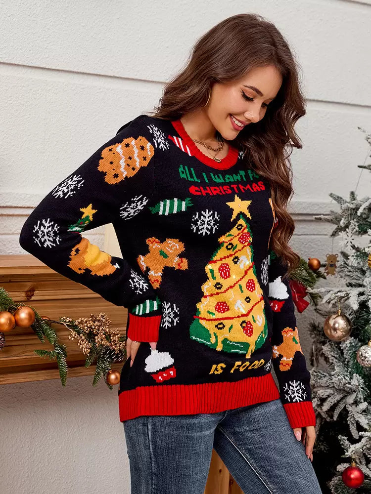 Christmas Pattern Jewel Neck Long Sleeves Polyester Pullovers Sweaters