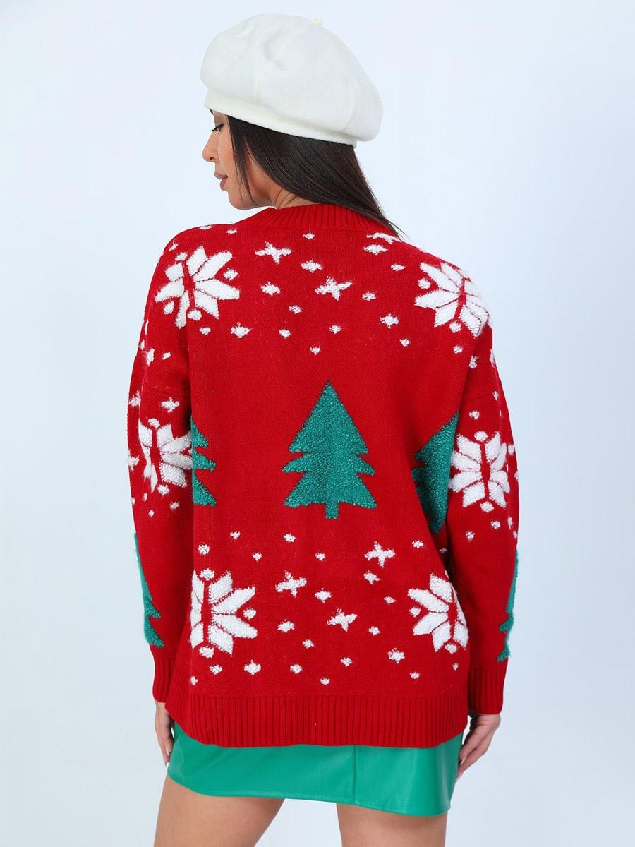 Christmas Pattern Pullover Ribbed Round Neck Long Sleeves Sweater