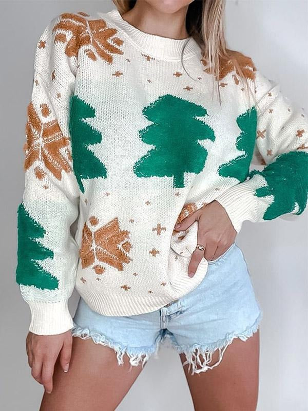 Christmas Pattern Pullover Ribbed Round Neck Long Sleeves Sweater