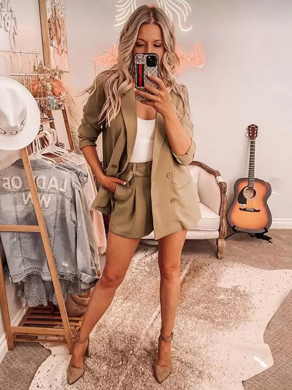 Classic Blazer Jacket Belt Short Pants Turndown Collar Two Piece Suit Set