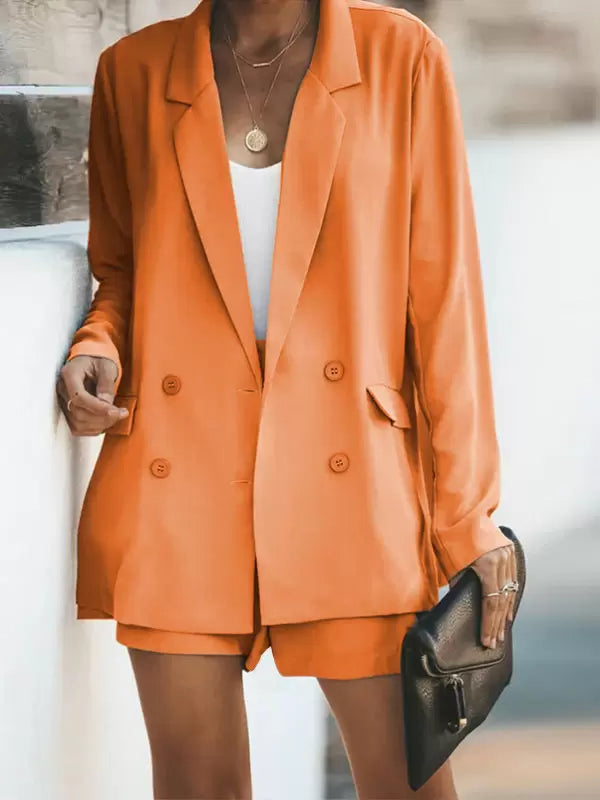 Classic Blazer Jacket Belt Short Pants Turndown Collar Two Piece Suit Set