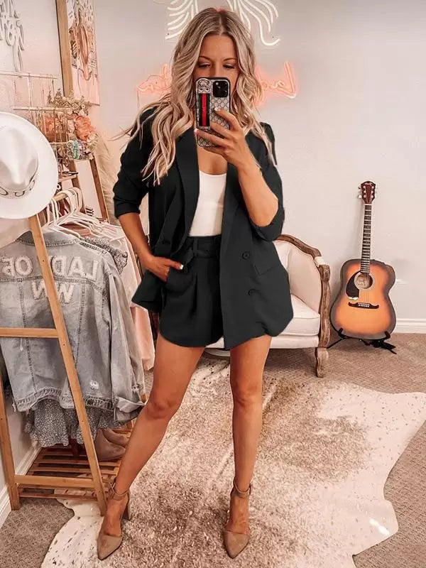 Classic Blazer Jacket Belt Short Pants Turndown Collar Two Piece Suit Set