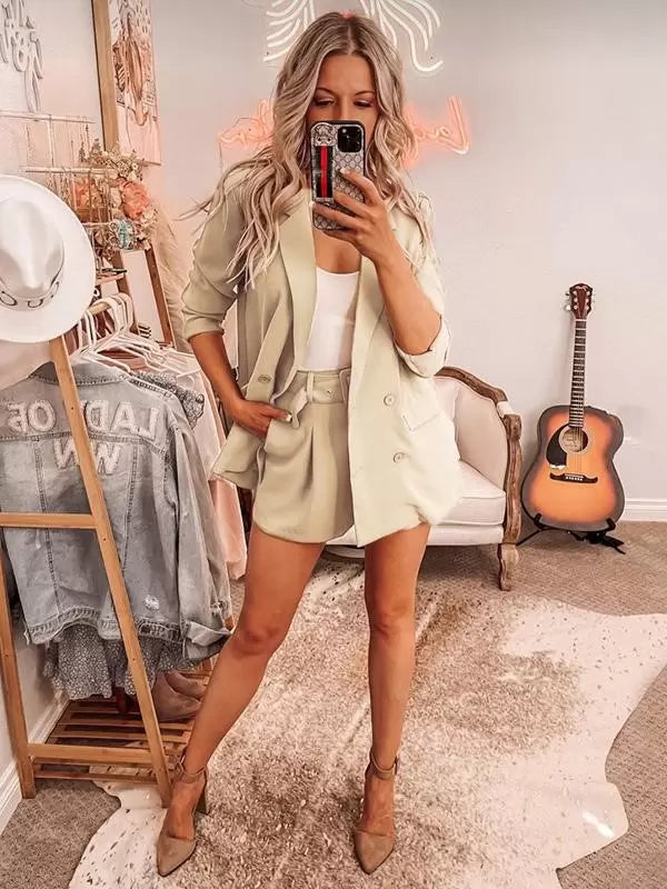 Classic Blazer Jacket Belt Short Pants Turndown Collar Two Piece Suit Set