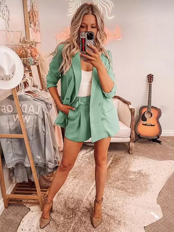 Classic Blazer Jacket Belt Short Pants Turndown Collar Two Piece Suit Set