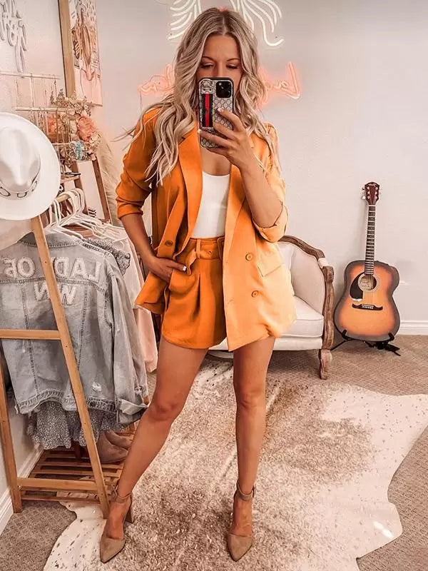 Classic Blazer Jacket Belt Short Pants Turndown Collar Two Piece Suit Set