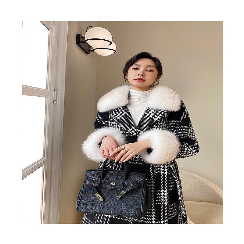 Classic Retro Long Houndstooth Tweed Wool Jacket