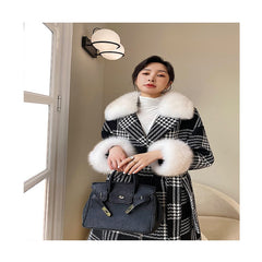 Classic Retro Long Houndstooth Tweed Wool Jacket