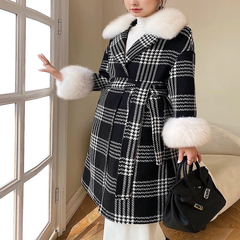 Classic Retro Long Houndstooth Tweed Wool Jacket