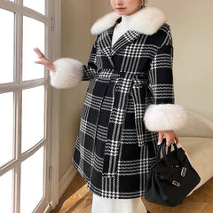 Classic Retro Long Houndstooth Tweed Wool Jacket