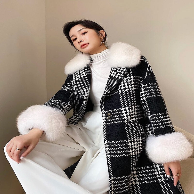 Classic Retro Long Houndstooth Tweed Wool Jacket
