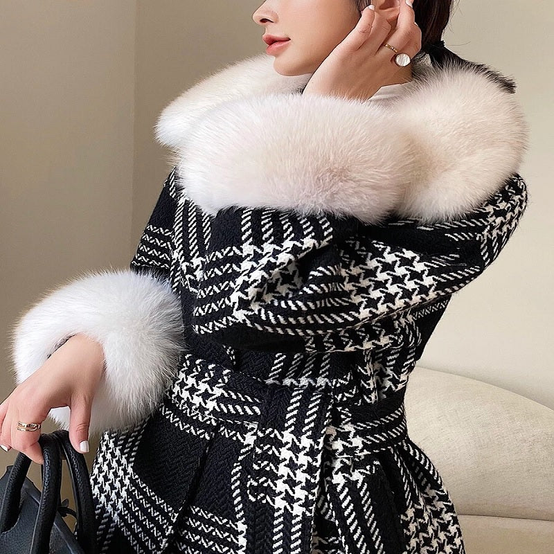 Classic Retro Long Houndstooth Tweed Wool Jacket