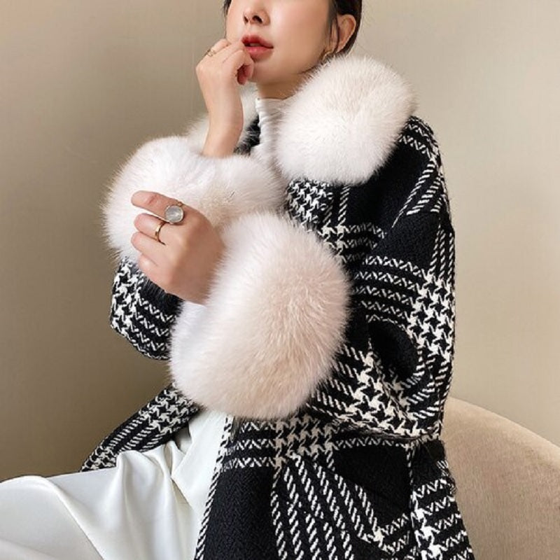 Classic Retro Long Houndstooth Tweed Wool Jacket