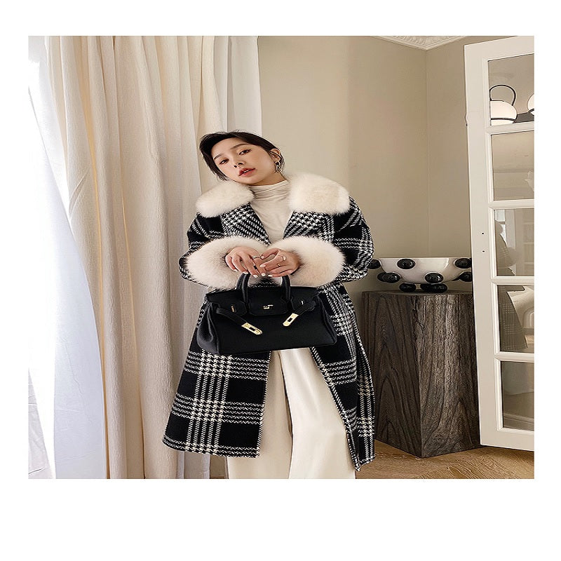 Classic Retro Long Houndstooth Tweed Wool Jacket