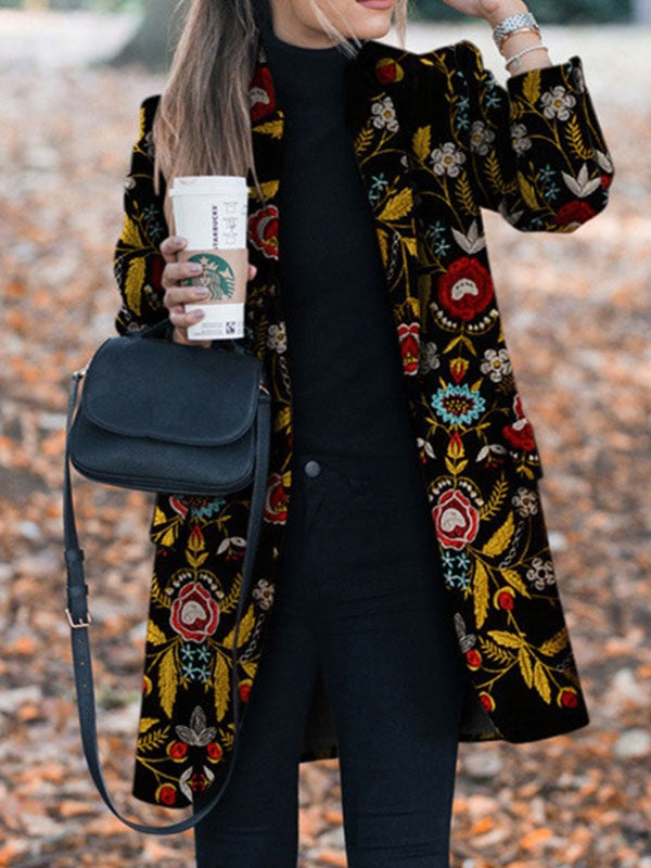 Coats Turndown Collar Long Sleeve Flowers Embroidered Coat